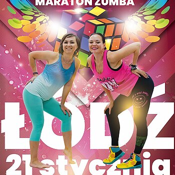 Rubiton - maraton zumba. Plakat reklamowy, na którym prezentują się dwie instruktorki. 