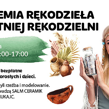 Akademia Rękodzieła Sobotniej Rękodzielni - 18 marca. Biały plakat reklamowy z blondynką otoczoną rekwizytami. n Akademia Rękodzieła Sobotniej Rękodzielni - 18 marca. Biały plakat reklamowy z blondynką otoczoną rekwizytami tematycznymi.