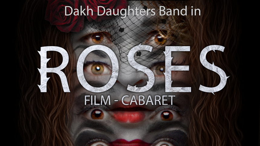 Roses. Film - Cabaret - białe litery na tle kolażu damskich oczu i ust.