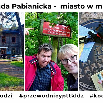 Kolaż zdjęć: przewodnicy, wille na Rudzie, książka-przewodnik po Rudzie , czerwono-żółte logo Koła Przewodników im. R. Rembielińskiego.