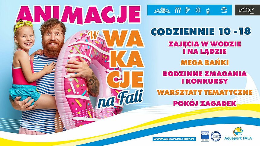 Animacje w Wakacje na FALI codziennie 10-18. Zajęcia w wodzie i na lądzie, mega bańki, rodzinne zmagania i konkursy, warsztaty tematyczne, pokój zagadek.